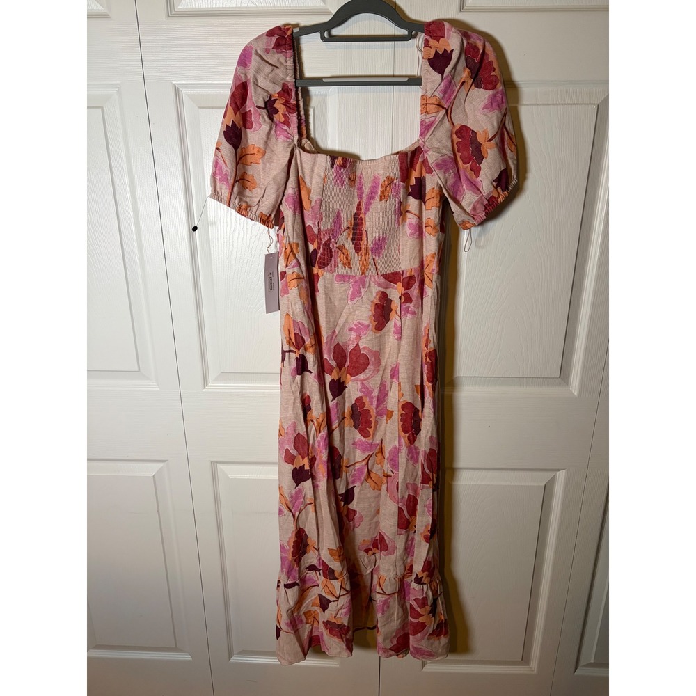 London Times‎ Floral Puff Sleeve Midi Dress Beige Rust T8142M Womens 12 NWT